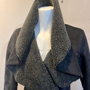 FEVER Womens Dark Academia Faux Suede Shearling Coat M Black Asym Wrap